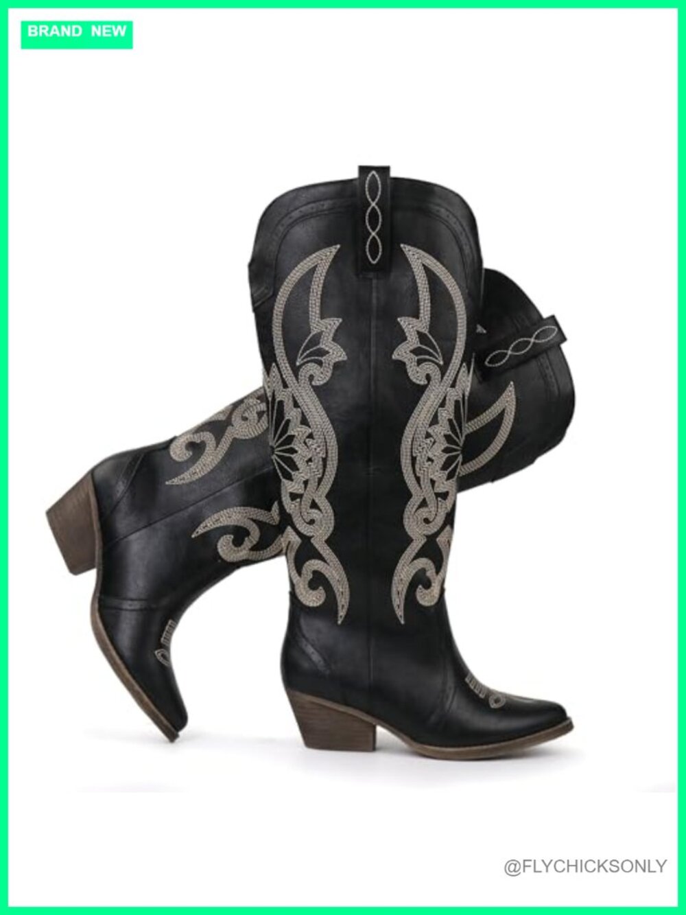 Cowboy Boots Slip On Pointed Toe Block Heel Embroidered Knee High Western